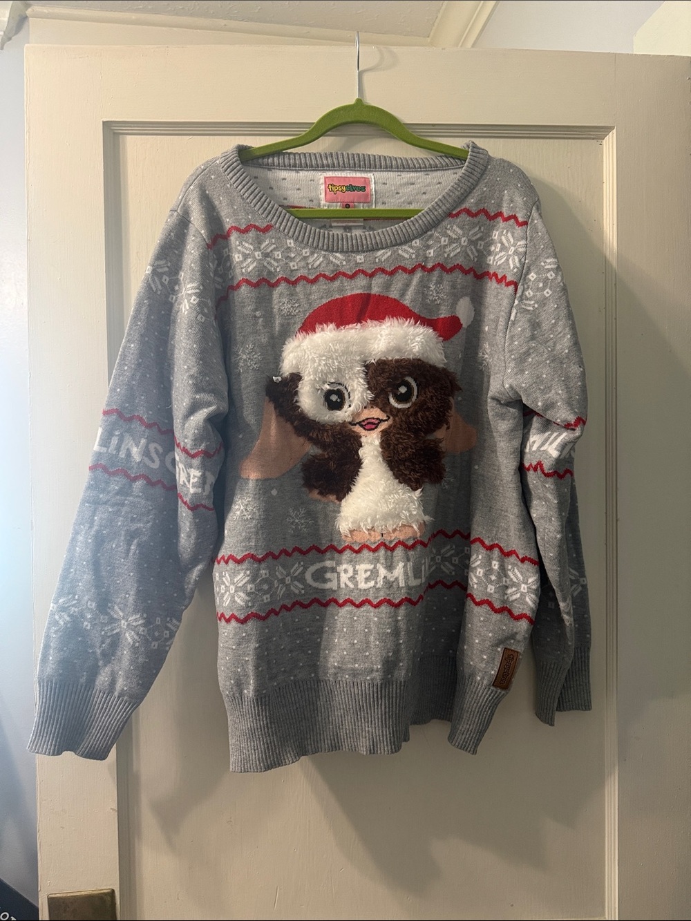Tipsy Elves Light Gray Gizmo Plush Holiday Crewneck Sweater with Red Accents